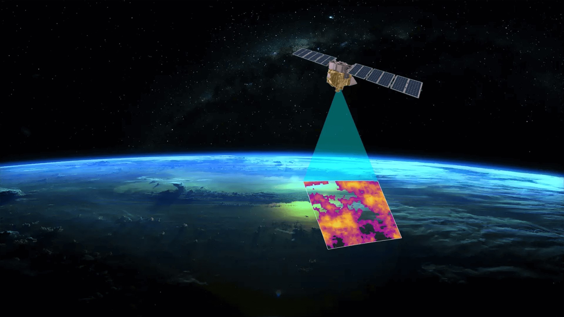 CGI images of satellite in space over Earth, with an arc beaming down on the planet's surface to gather emissions data