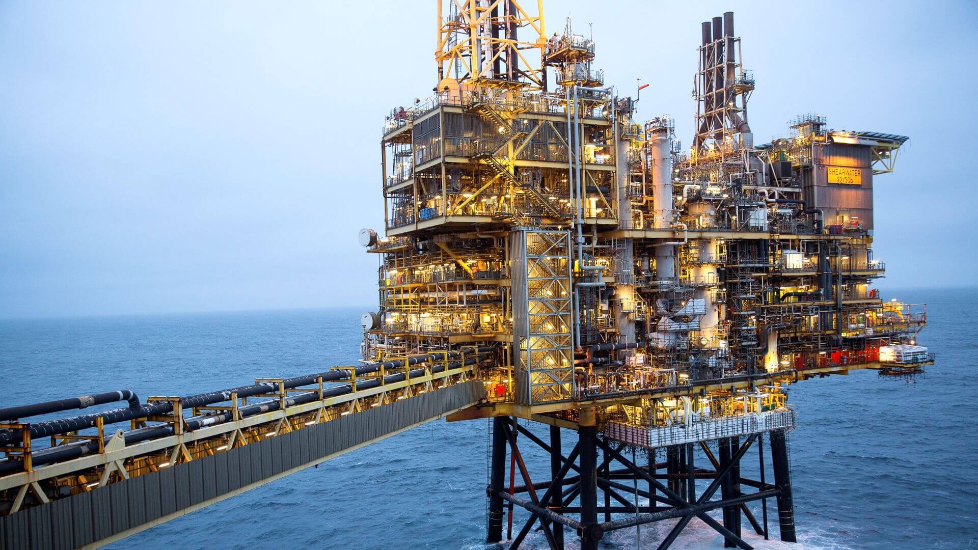 Shearwater Platform with walkway leading to wellhead jacket. Off the coast of Aberdeen, Scotland, 2014. 