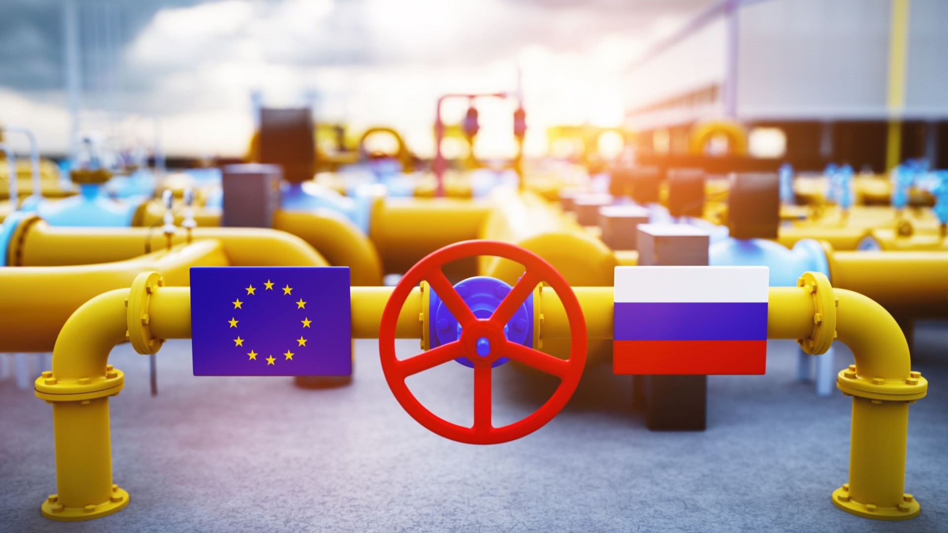 Graphic of gas pipeline, with EU flag on one side and Russian flag on the other