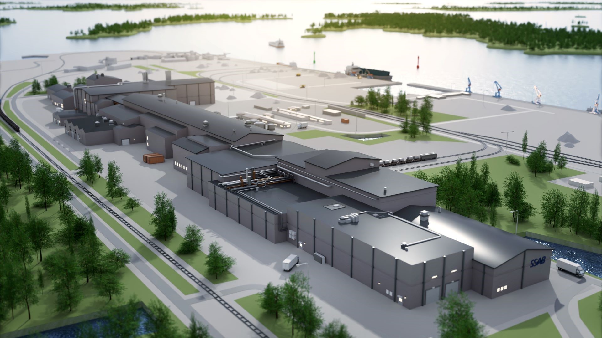 CGI rendered image of aerial view over industrial plant with green trees and lake behind