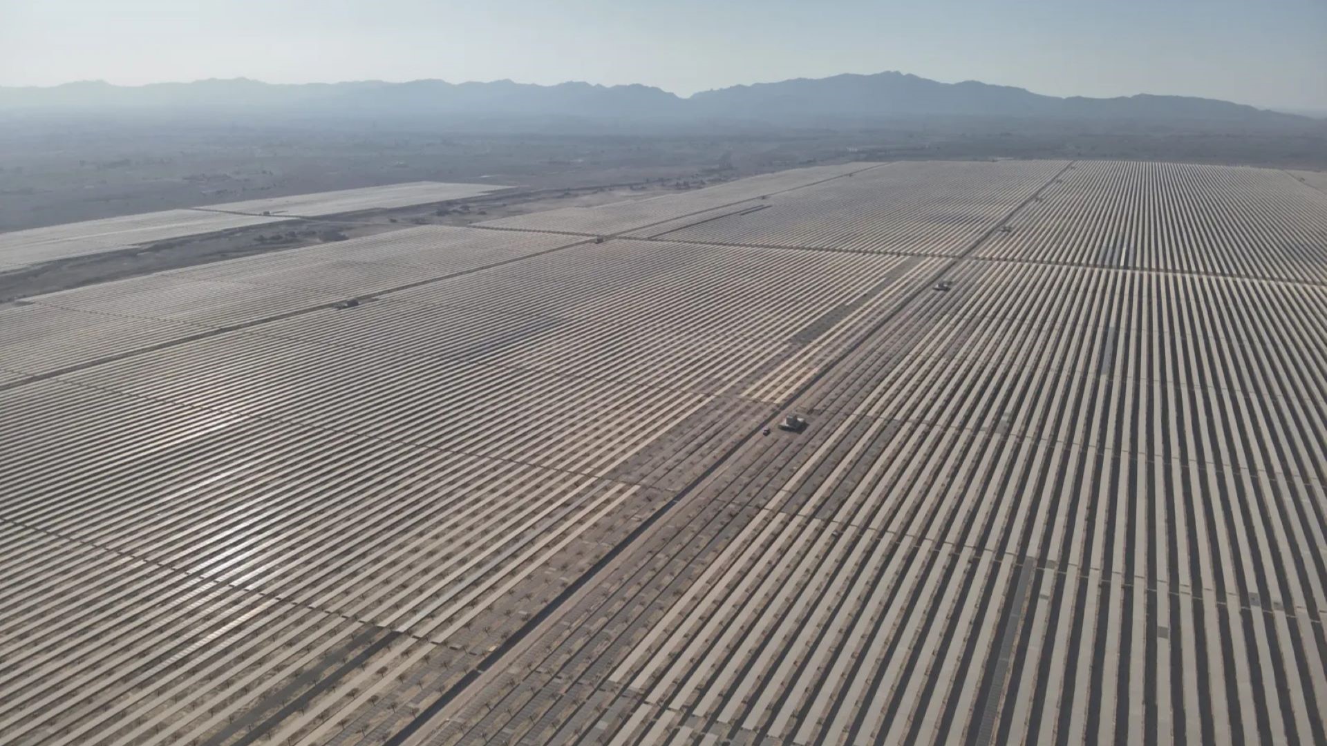 View from above of large solar farm in desert