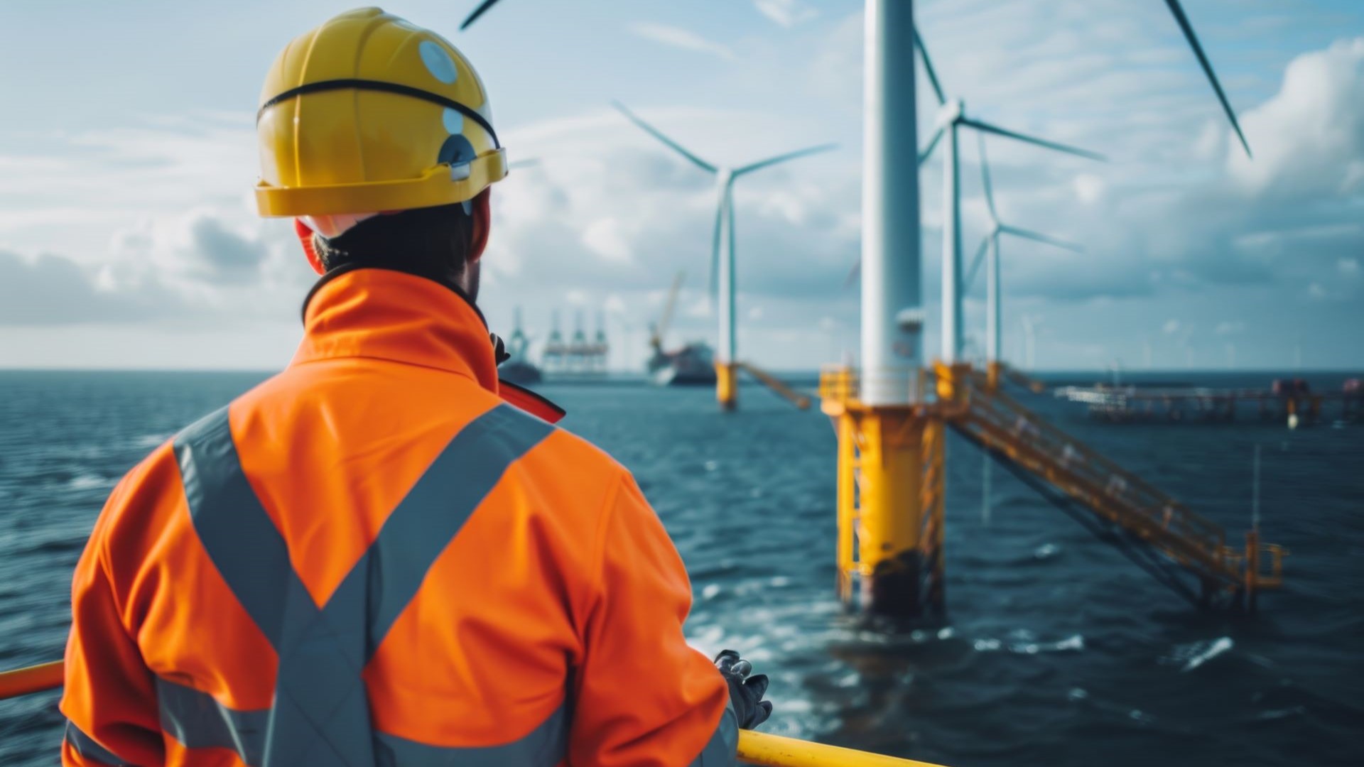 The back of an engineer looking out at an offshore wind farm