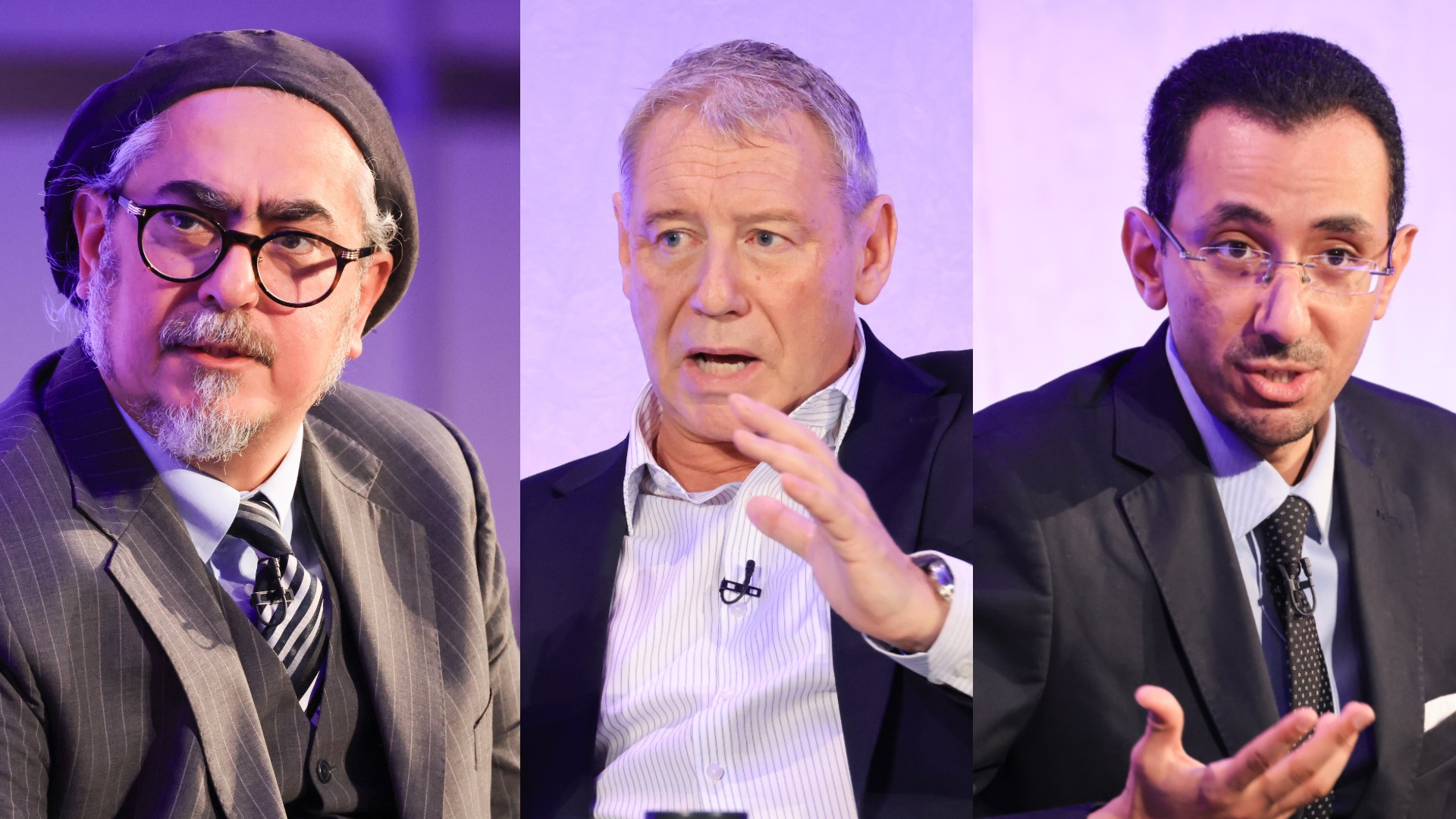 Three head and shoulder photos of men speaking at conference session, set side by side